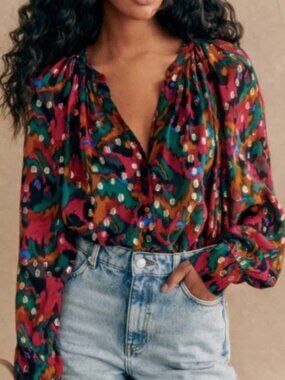 Sezane Multicolor Wave-Print V-Neck Long Sleeve Top